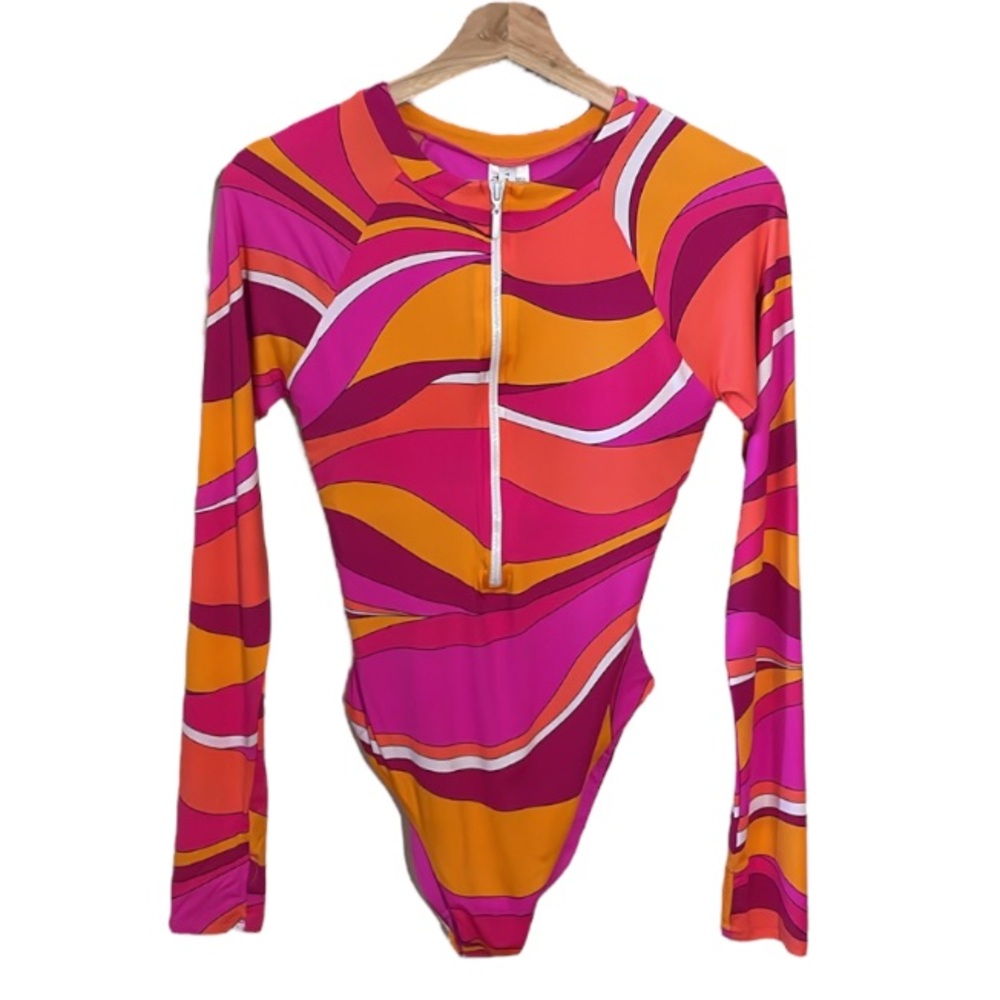 Trina Turk Vivid Psychedelic One Piece Paddle Zipper Swimsuit Size Medium